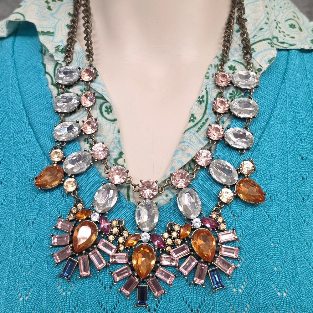 Y2K BaubleBar Statement Necklace Brass Tone Multi Color Crystal Bib Adjustable